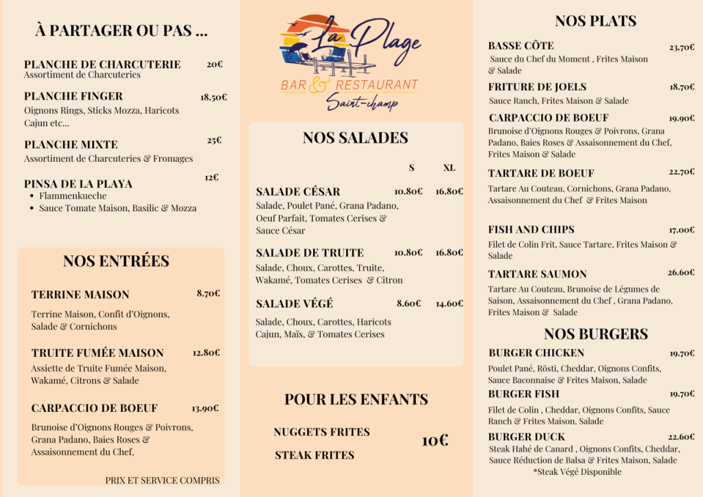 menu restuarant la plage
